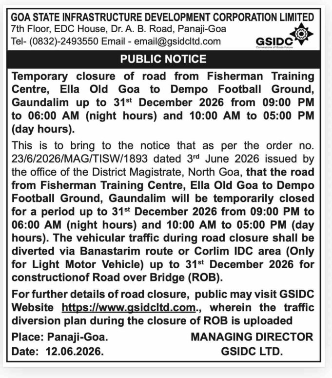 Old Goa–Gaundalim road closure for ROB work extended till December 31