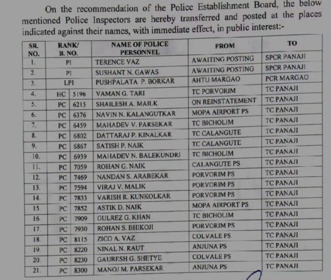 21 Police personnel, including 3 PIs transferred