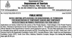 Tourism Department invites applications for shack and hut permissions in private properties for 2026-27 season