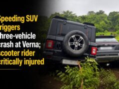 Speeding SUV triggers three-vehicle crash at Verna; scooter rider critically injured
