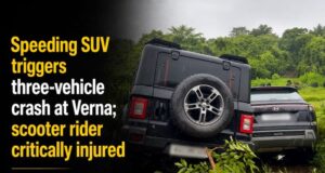 Speeding SUV triggers three-vehicle crash at Verna; scooter rider critically injured