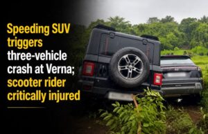 Speeding SUV triggers three-vehicle crash at Verna; scooter rider critically injured