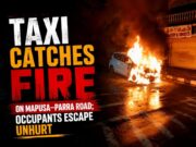 Taxi catches fire on Mapusa–Parra road; occupants escape unhurt