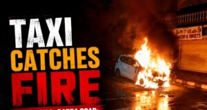 Taxi catches fire on Mapusa–Parra road; occupants escape unhurt