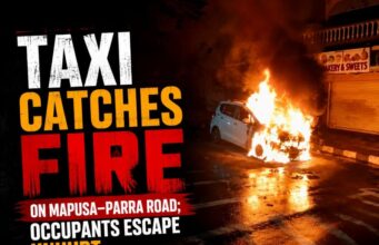Taxi catches fire on Mapusa–Parra road; occupants escape unhurt