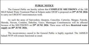 Salaulim water treatment plant shutdown on June 29; restricted water supply in South Goa on June 30
