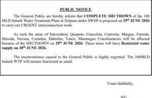Salaulim water treatment plant shutdown on June 29; restricted water supply in South Goa on June 30