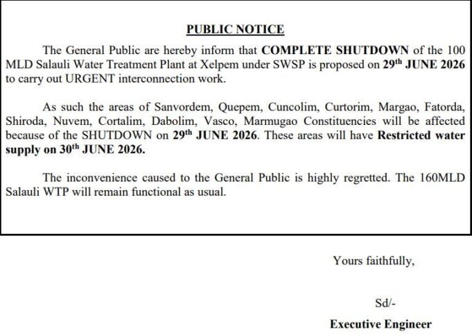 Salaulim water treatment plant shutdown on June 29; restricted water supply in South Goa on June 30