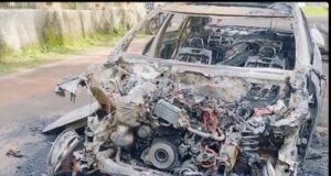 Scooterist injured after Mercedes crash at Sancoale; vehicle goes up in flames